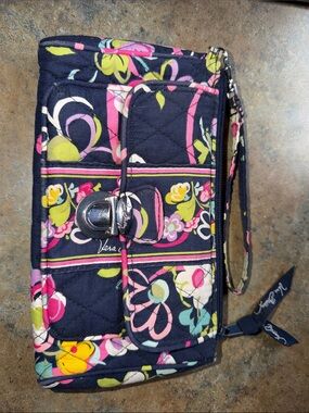 Vera Bradley Navy Floral Quilted Wristlet with Pink & Yellow Accents